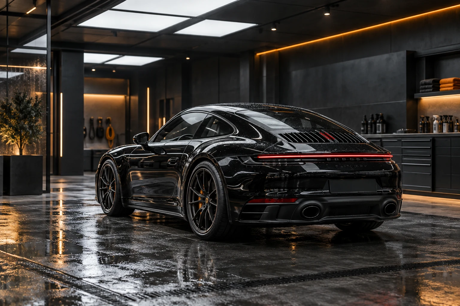 Чёрный Porsche 911 после профессионального ухода на автомойке АвтоКит